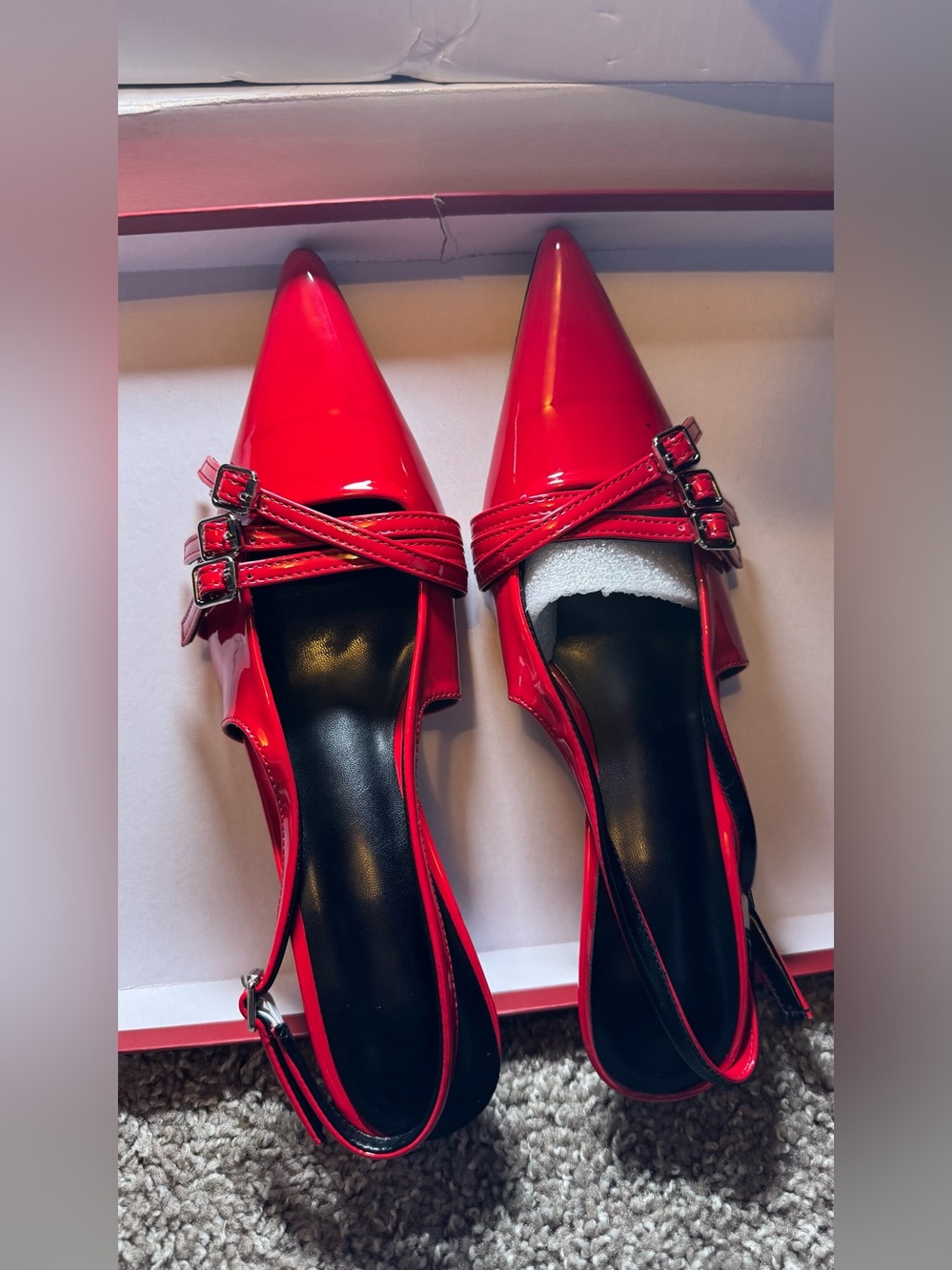 Red Patent Pointed-Toe Slingback Flats with Buckle Straps